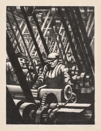 Building Aircraft: Making the Engine by Christopher Nevinson, print, 1912-1922