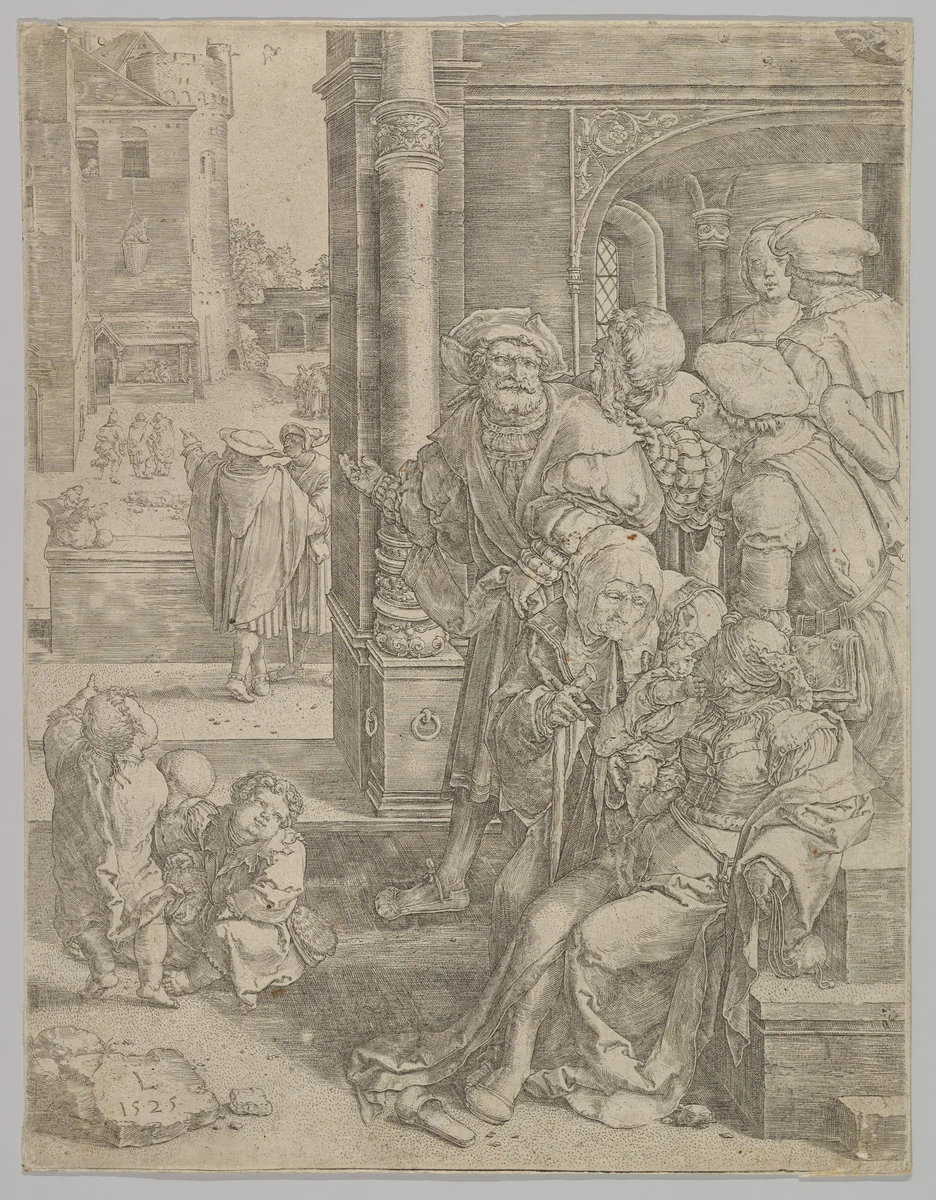 Poet Virgil Suspended in a Basket by Lucas van Leyden, print, 1525