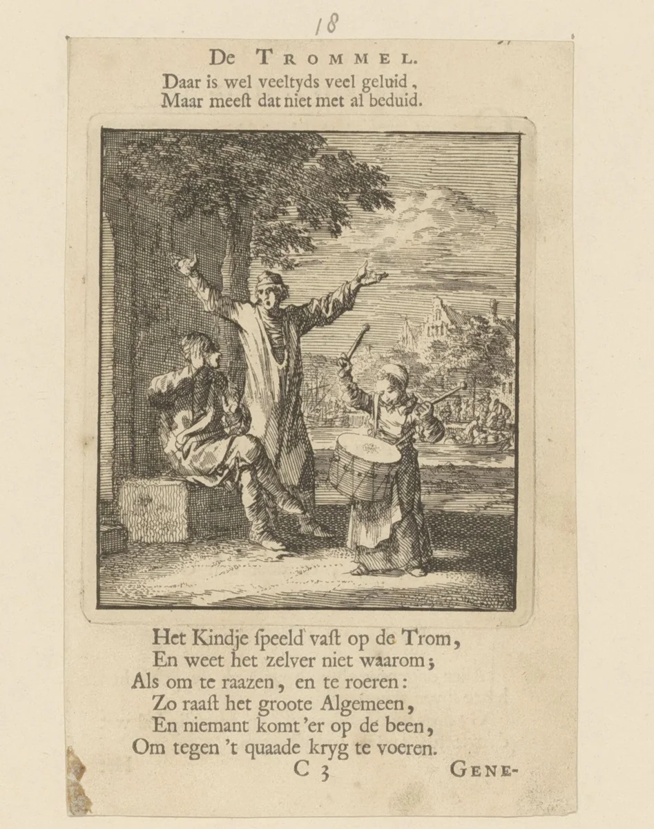 Kind slaat met stokken op een trommel by Jan Luyken, print, 1712