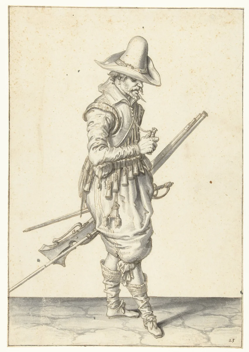 Soldaat met een musket die een kruitmaat opent by Jacques de Gheyn, drawing, 1596-1606