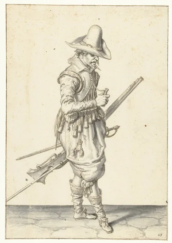 Soldaat met een musket die een kruitmaat opent by Jacques de Gheyn, drawing, 1596-1606