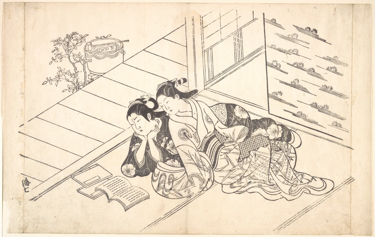 Two Women Reclining on the Floor of a Room and Reading a Book by Nishikawa Sukenobu (西川祐信), print, 1720-1740