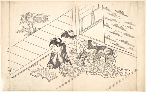 Two Women Reclining on the Floor of a Room and Reading a Book by Nishikawa Sukenobu (西川祐信), print, 1720-1740