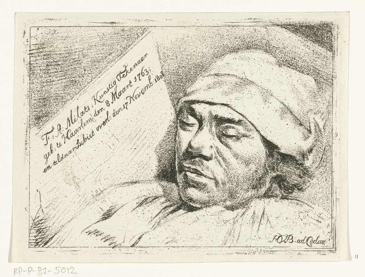 Portret van de schilder Franciscus Andreas Milatz op zijn doodsbed by Hermanus van Brussel, print, 1808-1810