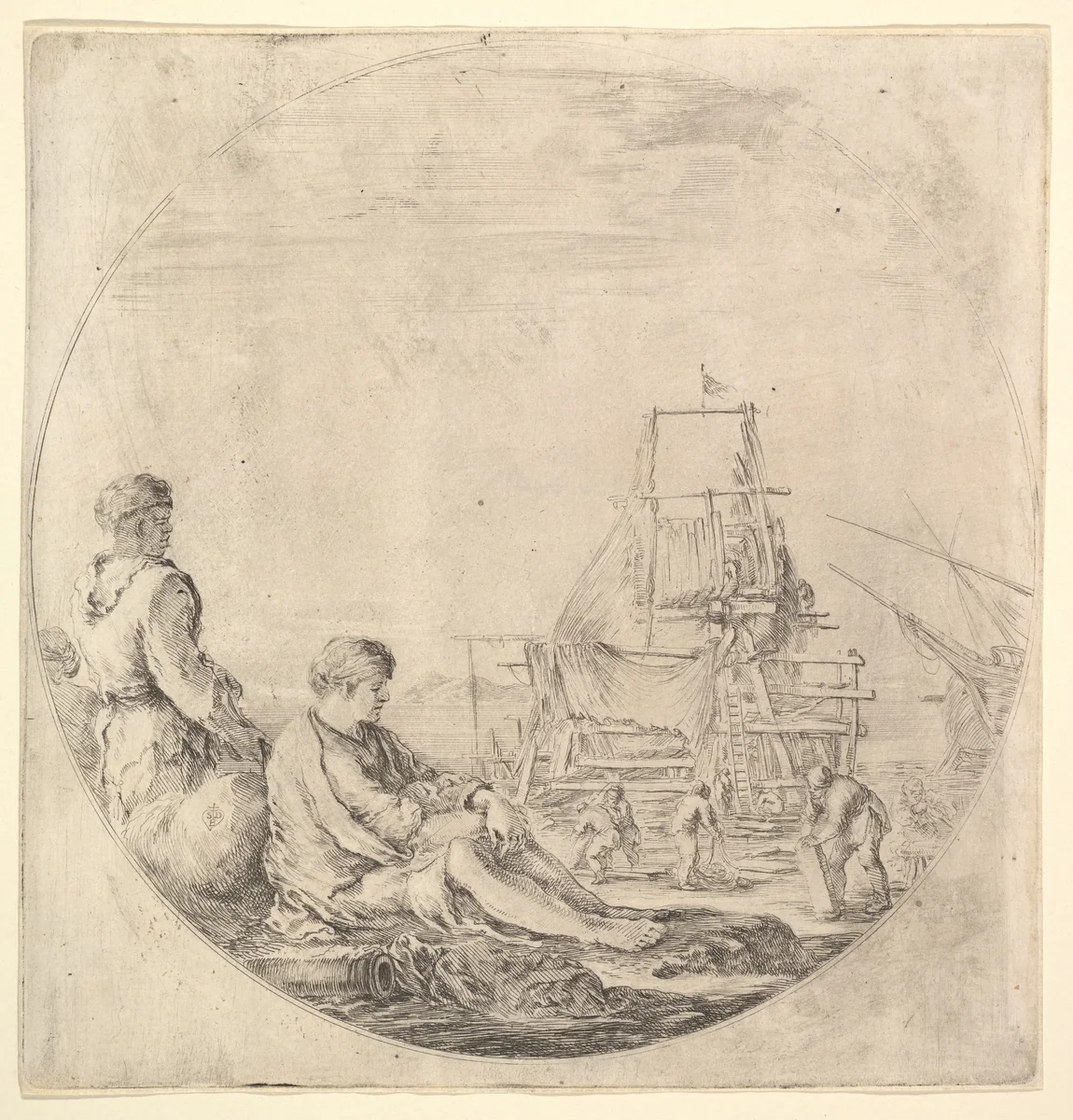 A Black sailor standing to left, in profile to the right, a White sailor seated in center with legs outstretched, a ship being repaired to right in the background by Stefano della Bella, print, 1658-1663