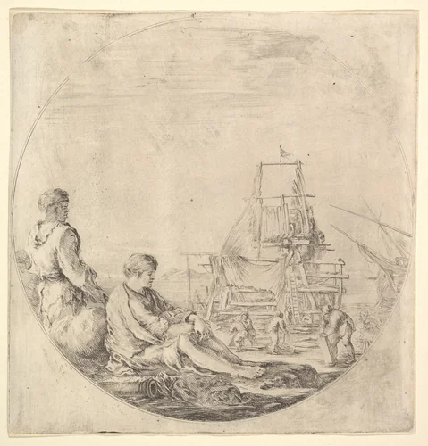 A Black sailor standing to left, in profile to the right, a White sailor seated in center with legs outstretched, a ship being repaired to right in the background by Stefano della Bella, print, 1658-1663