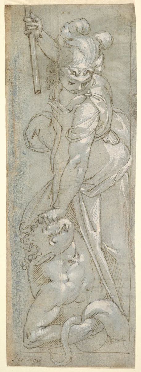 Female Warrior crushing a Satyr by anonymous, drawing, 1500-1599