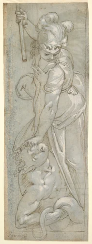 Female Warrior crushing a Satyr by anonymous, drawing, 1500-1599