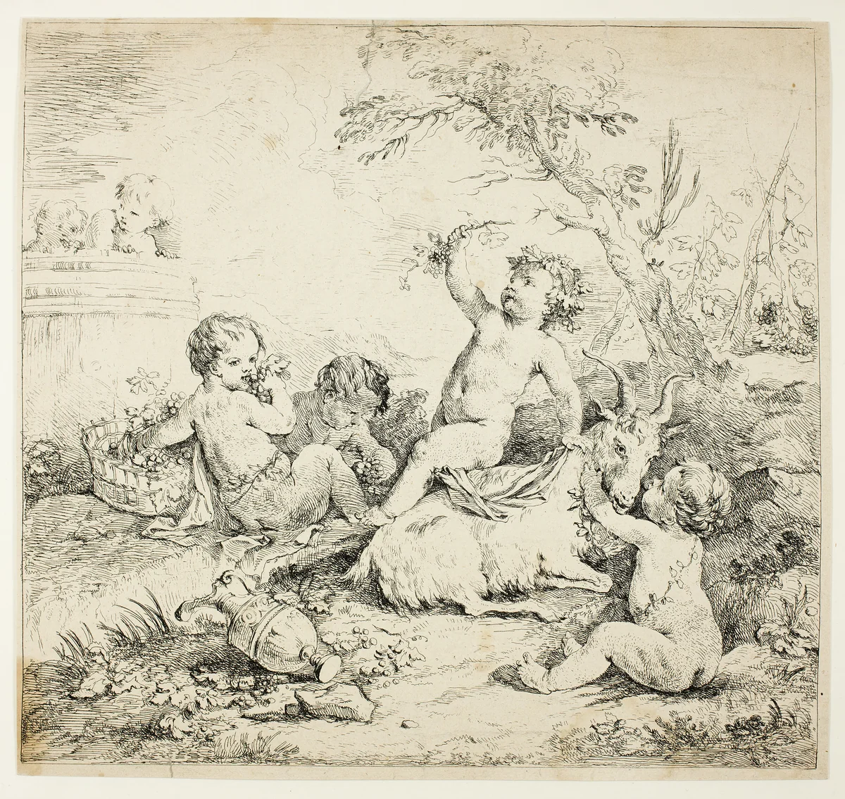 Cherubs with a Goat by Charles Joseph Natoire, print, 1735