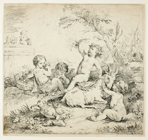 Cherubs with a Goat by Charles Joseph Natoire, print, 1735