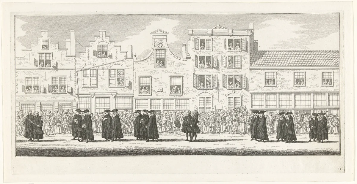 Kerkelijke en wereldlijke leiders in de lijkstoet van Anna van Hannover te Delft, 1759 by Simon Fokke, print, 1759-1761