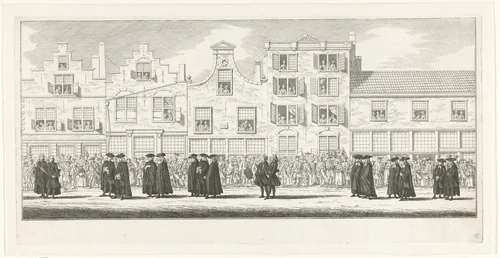 Kerkelijke en wereldlijke leiders in de lijkstoet van Anna van Hannover te Delft, 1759 by Simon Fokke, print, 1759-1761