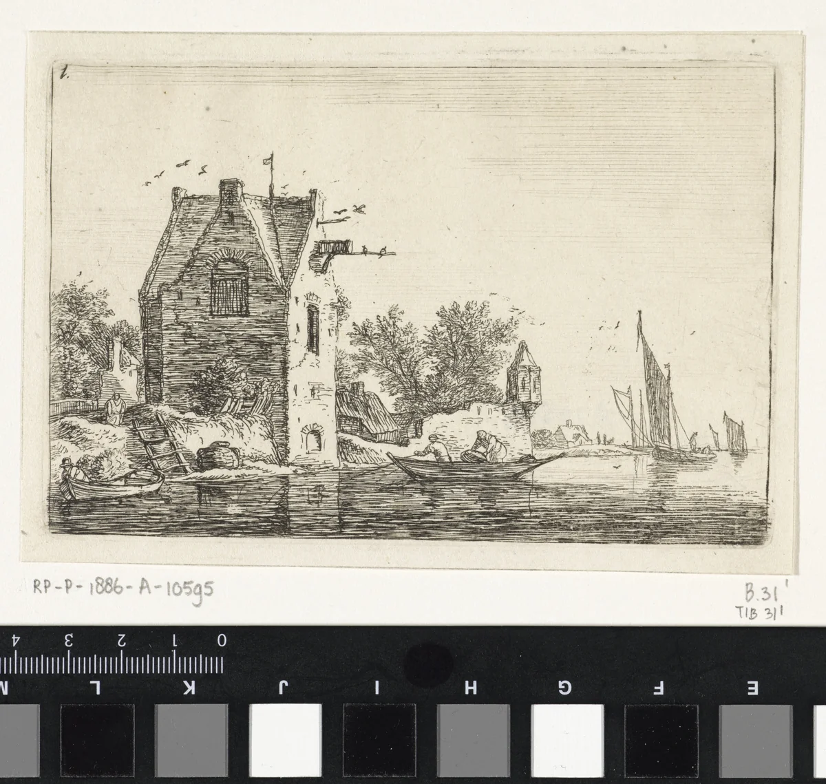 Hoog gebouw aan het water by Anthonie Waterloo, print, 1630-1663