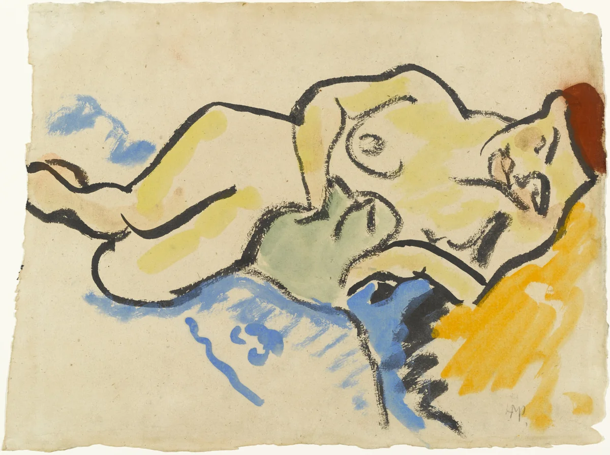 Reclining Nude with Cat by Max Pechstein, drawing, 1909