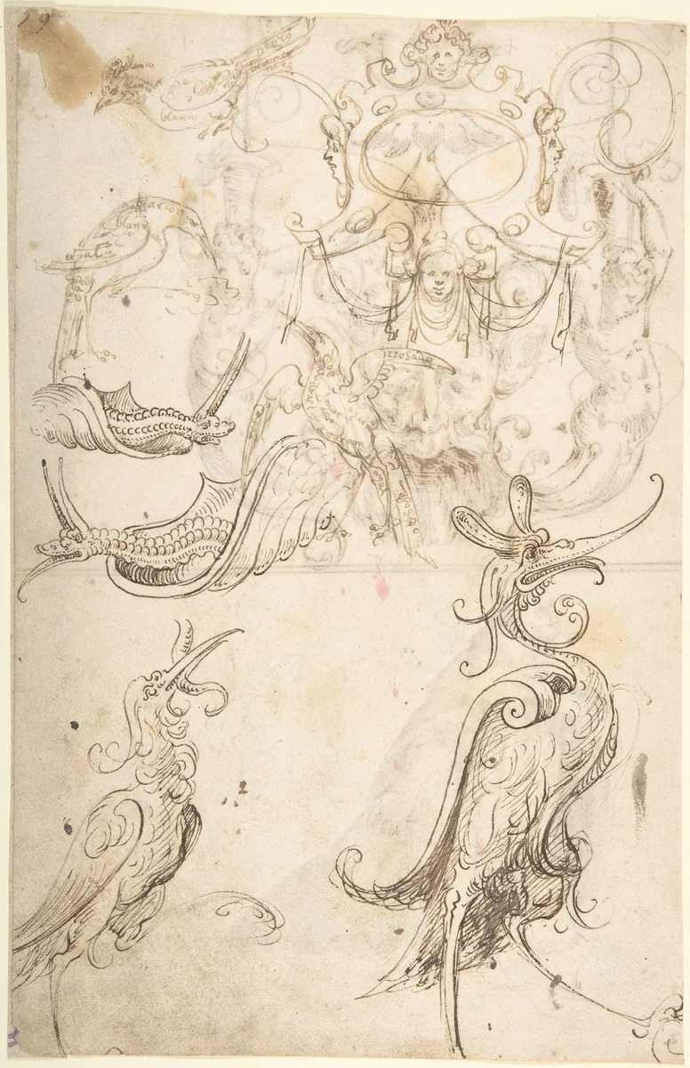 Fantastical creatures, birds, and strapwork cartouche (recto); grotesque mask and kneeling priest (verso) by Andrés de Melgar, drawing, 1540-1550