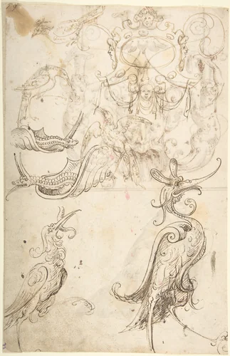 Fantastical creatures, birds, and strapwork cartouche (recto); grotesque mask and kneeling priest (verso) by Andrés de Melgar, drawing, 1540-1550