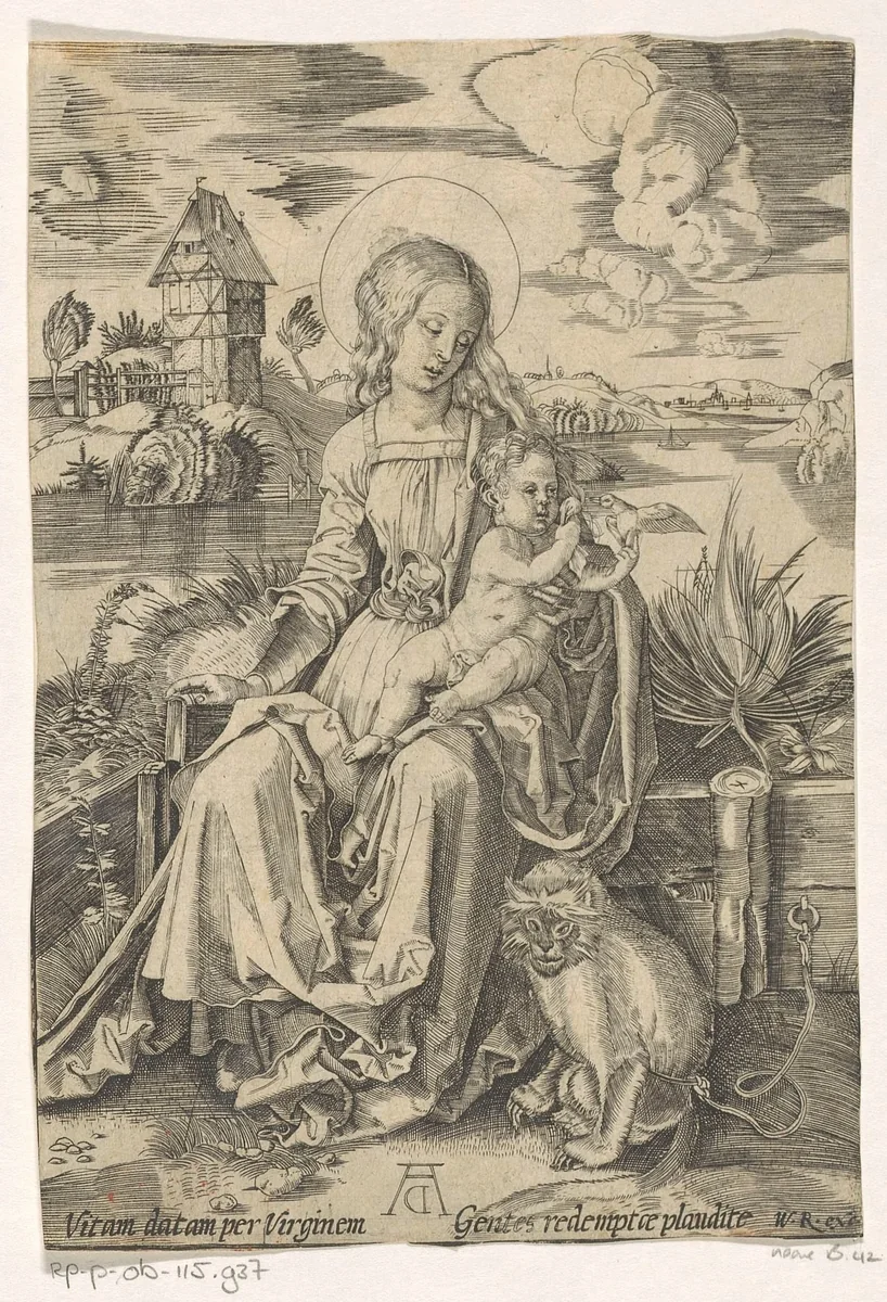 Madonna met de aap by anonymous, print, 1500-1599