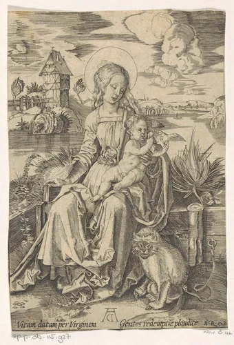 Madonna met de aap by anonymous, print, 1500-1599