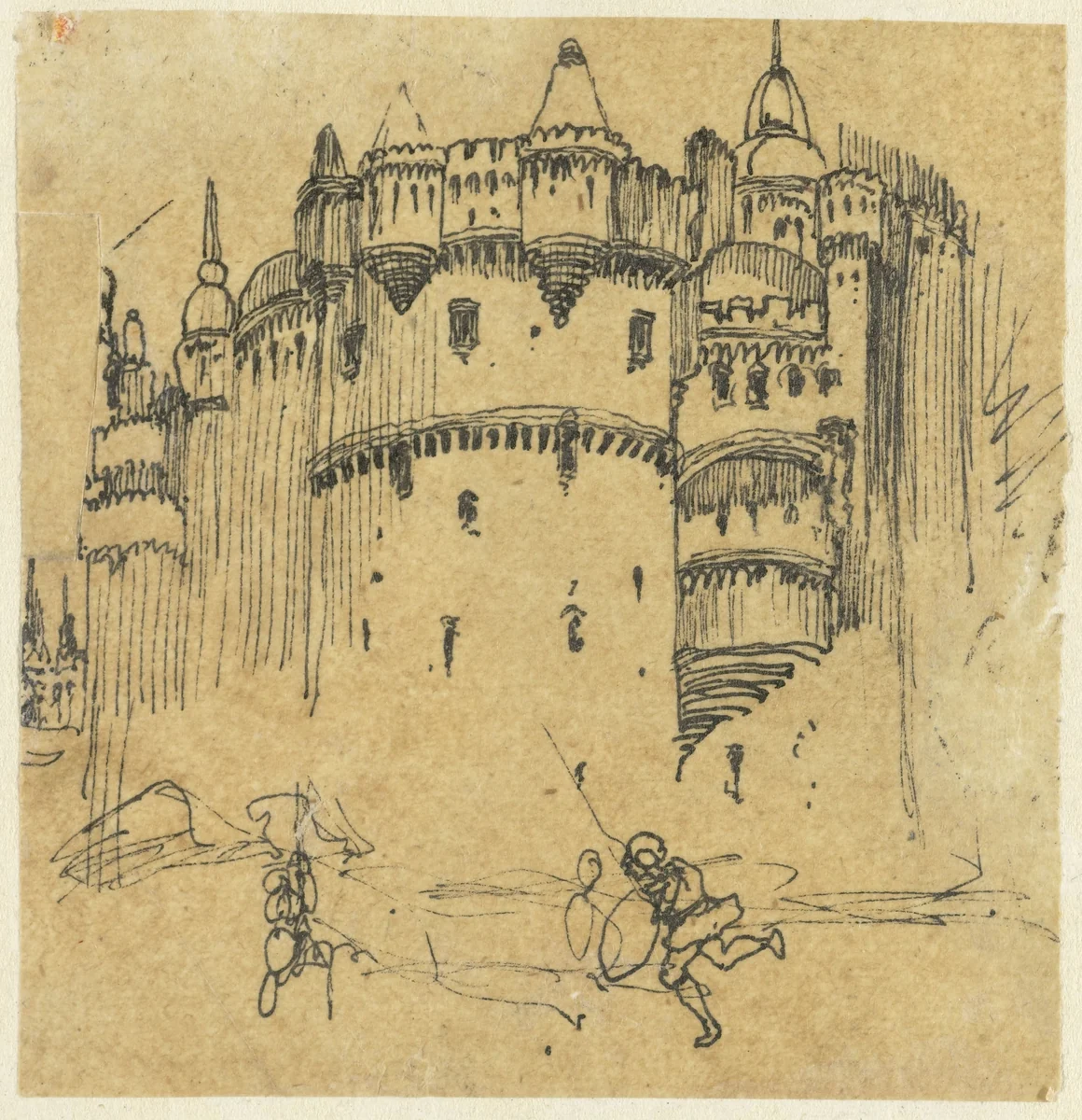 Kasteel met twee figuren by Rodolphe Bresdin, drawing, 1864-1869