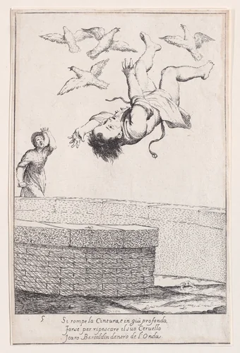 Plate 11: Bertoldino falling into the fish pond, from "Bertoldo, Bertoldino, and Cacasenno" by Giuseppe Maria Crespi, print, 1705-1715