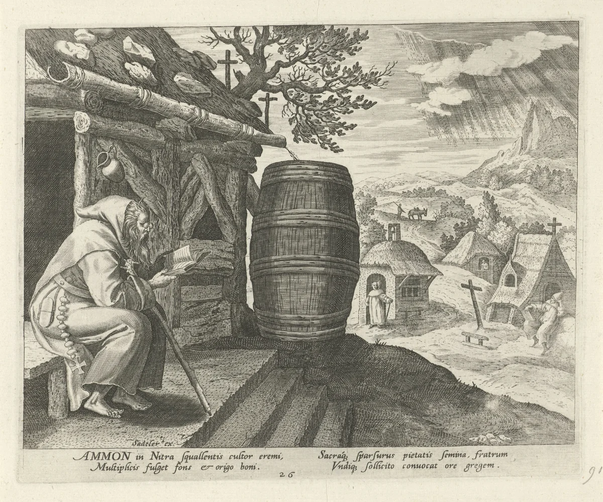 Ammonius de Grote als kluizenaar by Johann Sadeler, print, 1586-1588