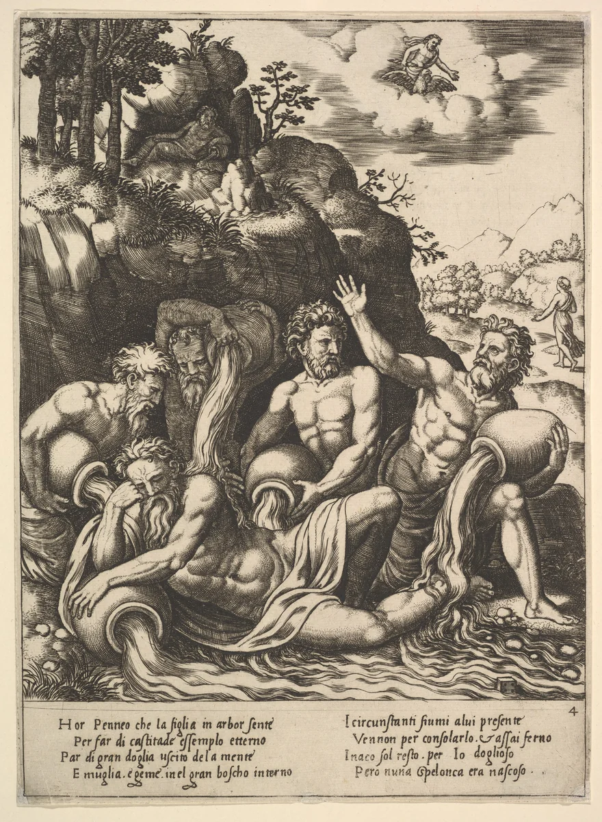 River gods consoling Peneus for the Loss of his Daughter, Daphne, from "Story of Apollo and Daphne" by Master of the Die, print, 1530-1560