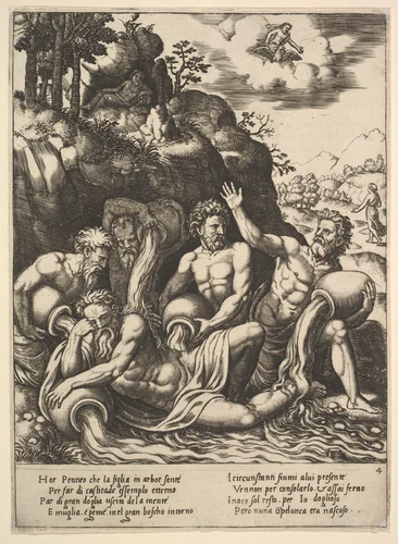 River gods consoling Peneus for the Loss of his Daughter, Daphne, from "Story of Apollo and Daphne" by Master of the Die, print, 1530-1560