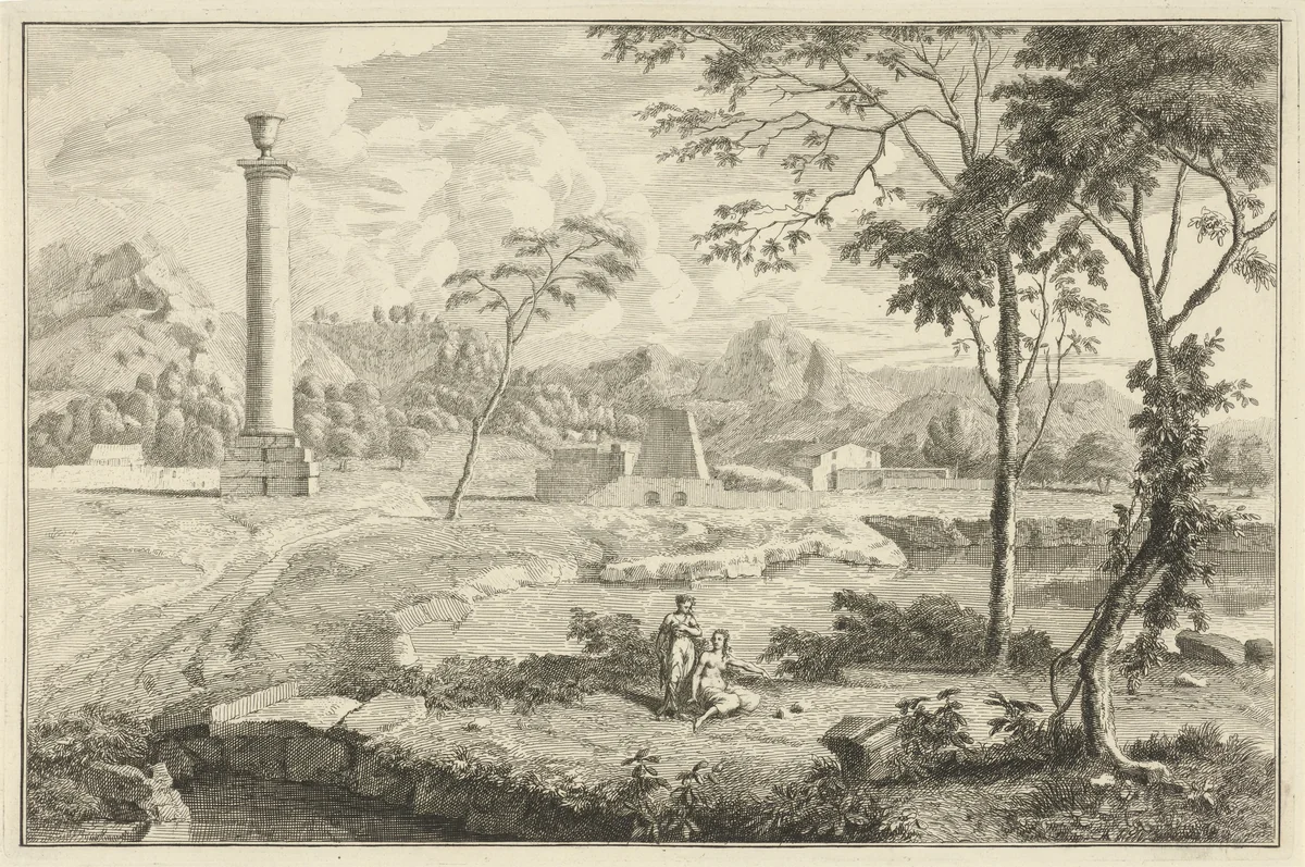 Arcadisch rivierlandschap met zuil by Adolf van der Laan, print, 1710-1747