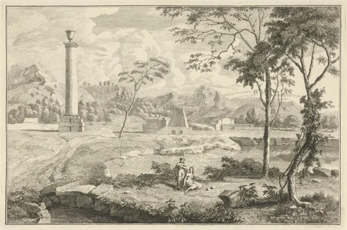 Arcadisch rivierlandschap met zuil by Adolf van der Laan, print, 1710-1747