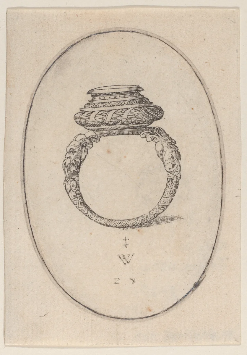 Design for a Ring, Plate 28 from 'Livre d'Aneaux d'Orfevrerie' by Pierre Woeiriot, print, 1561