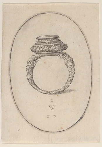 Design for a Ring, Plate 28 from 'Livre d'Aneaux d'Orfevrerie' by Pierre Woeiriot, print, 1561