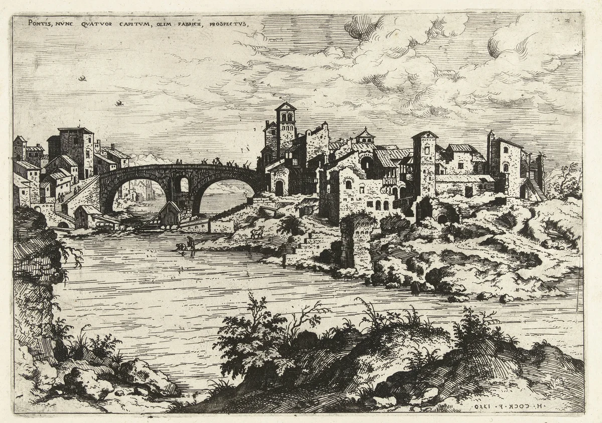 Gezicht op de brug van Fabricius te Rome by Unknown, print, 1550