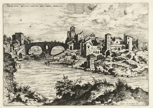 Gezicht op de brug van Fabricius te Rome by Unknown, print, 1550