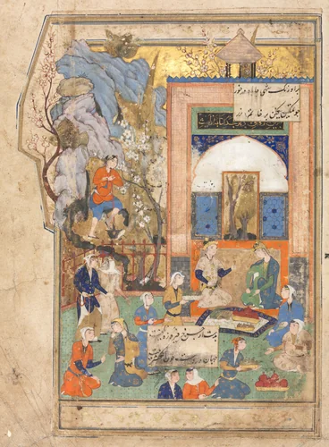 Yusuf and Zulaykha (recto); Illustration and Text (Persian Verses) in an Anthology with some verses from Haft Awrang (Seven Thrones) of Jami; The Fifth Throne by Unknown, manuscript, 1556-1565