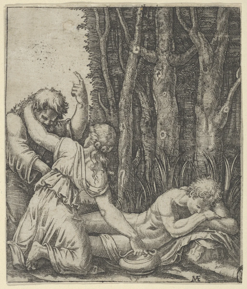 Man sleeping at the edge of a wood with a woman knealing at his side with one hand on a pot and the other on the shoulder of an old man who gestures with left hand towards the sky by Marcantonio Raimondi, print, 1495-1539