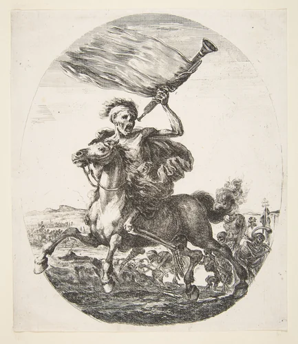 Death on horseback holding a trumpet, from 'The five deaths' (Les cinq Morts) by Stefano della Bella, print, 1643-1653