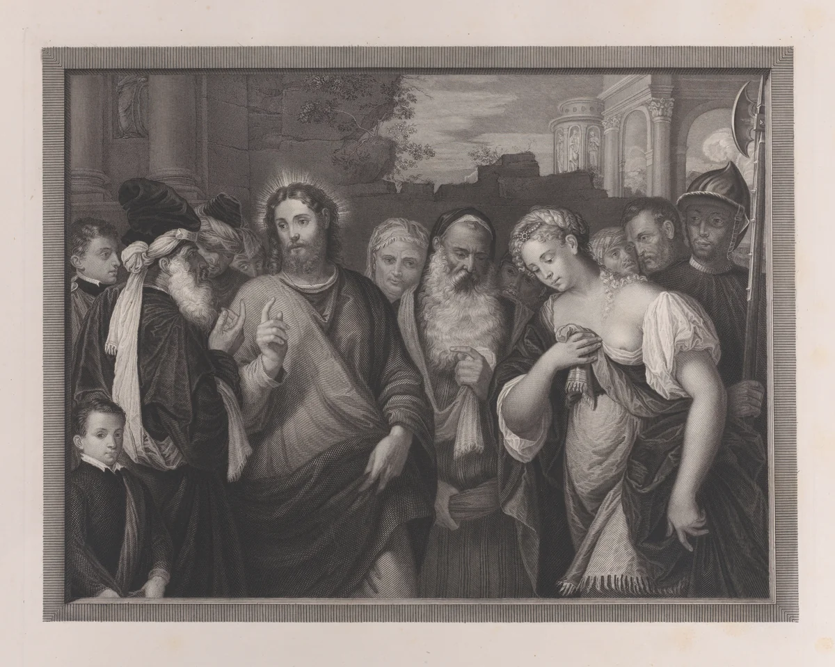 Christ and the adulteress by Carlo Raimondi, print, 1830-1883