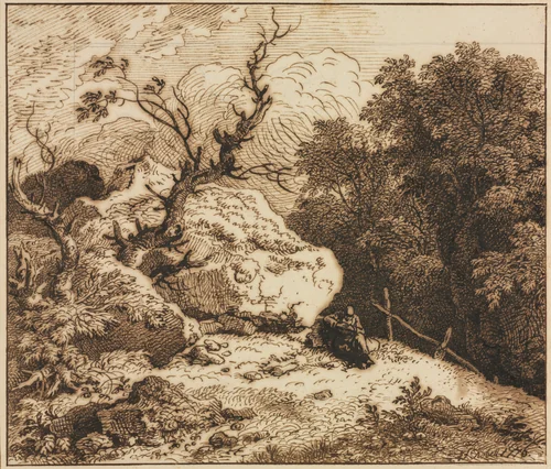 Hermit in a Wooded Landscape by Ferdinand Kobell, drawing, 1776