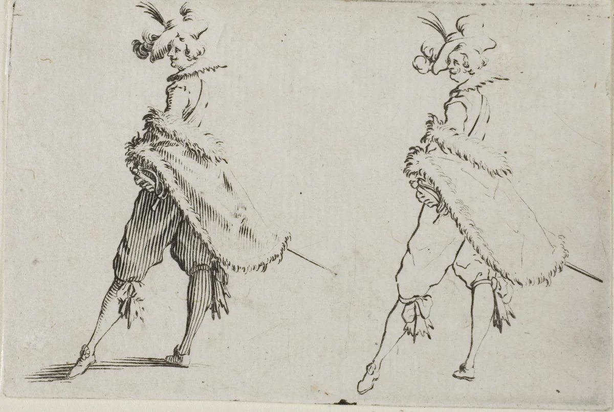 The Gentleman with a Coat, Posing with Hands on Hips, from The Caprices by Jacques Callot, print, 1617-1627