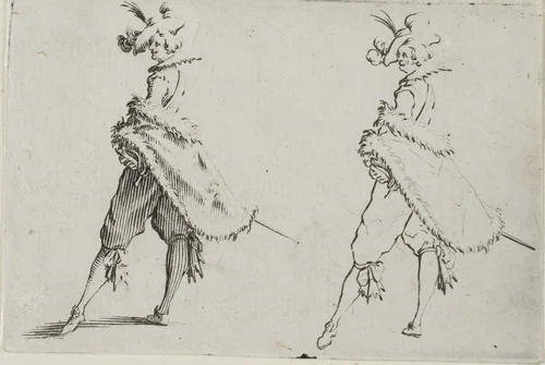 The Gentleman with a Coat, Posing with Hands on Hips, from The Caprices by Jacques Callot, print, 1617-1627