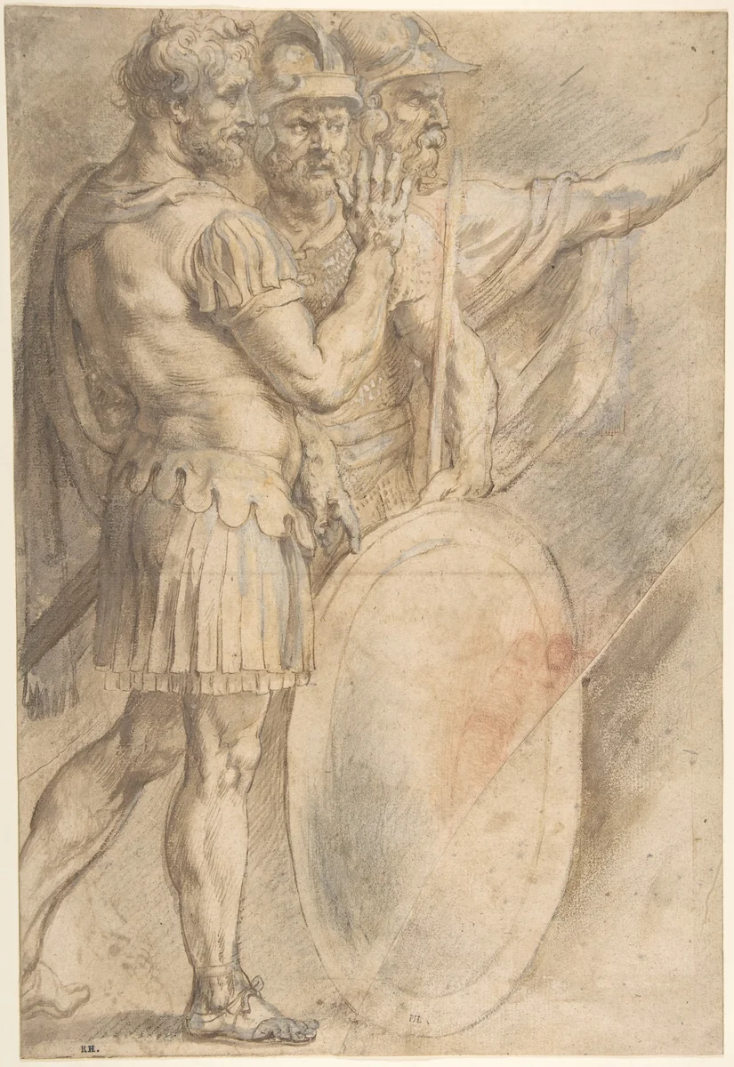 Three Warriors after Raphael by anonymous, drawing, 1590-1640