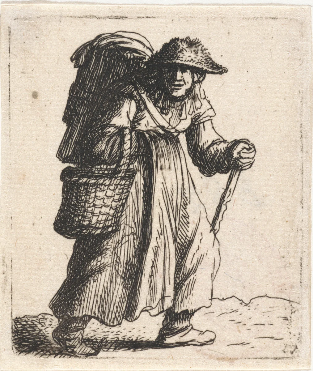 Vrouw met manden en wandelstok by Jan Gillisz van Vliet, print, 1632