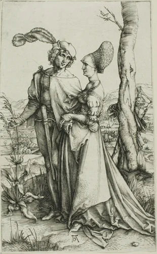 Young Couple Threatened by Death (The Promenade) by Albrecht Dürer, print, 1498