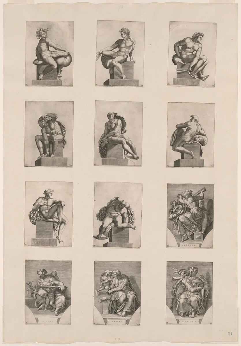 Figures from the Ceiling of the Sistine Chapel by Adamo Scultori, print, 1550-1565