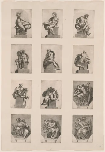 Figures from the Ceiling of the Sistine Chapel by Adamo Scultori, print, 1550-1565