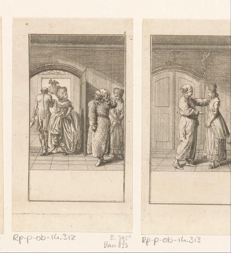 Frau von Schmerling verlaat de kamer en laat de woedende Reinhard achter by Daniel Nikolaus Chodowiecki, print, 1781