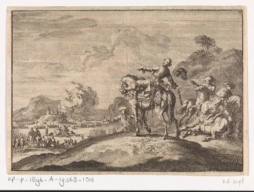 Maarschalk Turenne valt dood van zijn paard, 1675 by Jan Luyken, print, 1698