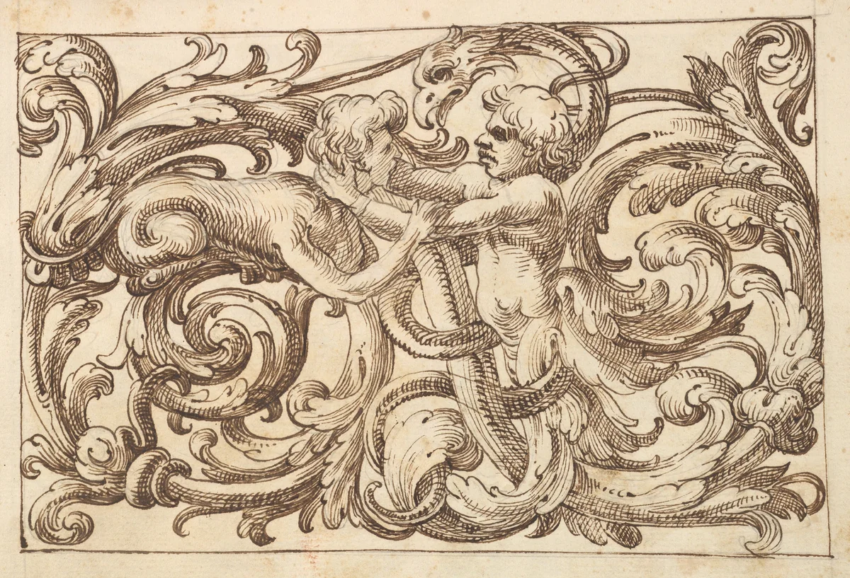 Horizontal Panel Design with a Man fighting a Sphinx and a Fantastical Creature Interspersed between Acanthus Rinceaux by anonymous, drawing, 1600-1650
