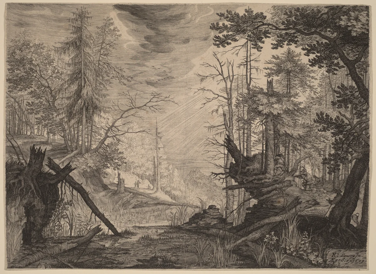 Three Hunters and Two Dogs near a Pool by Aegidius Sadeler Roelandt Savery, print, 1609