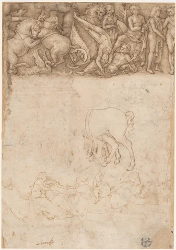 Studies after the Antique: The Fall of Phaëthon, Horses, Reclining Women with Children (recto); Studies after the Antique: An Altar or Urn, Lion Attacking a Horse (verso) by Amico Aspertini, drawing, 1474-1552